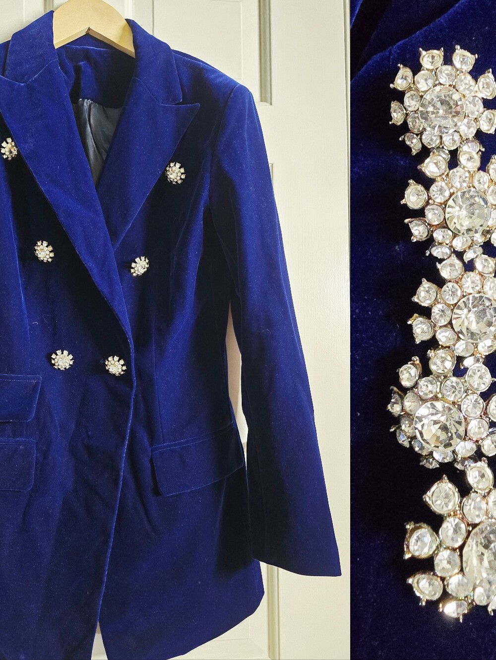 Retro blue velvet rhineston button dagger collar jacket Blazer 70s Bowie Ziggy